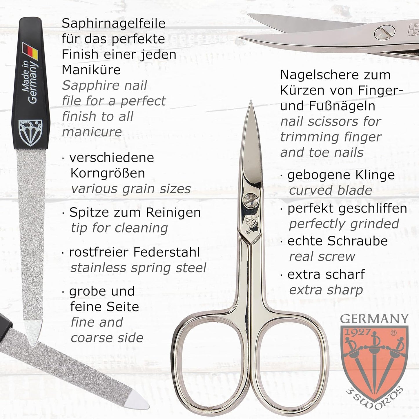 3 Swords Germany - brand quality 10 piece manicure pedicure grooming kit set for professional finger & toe nail care tweezers file clipper fashion leather case in gift box, Made by 3 Swords (01603)