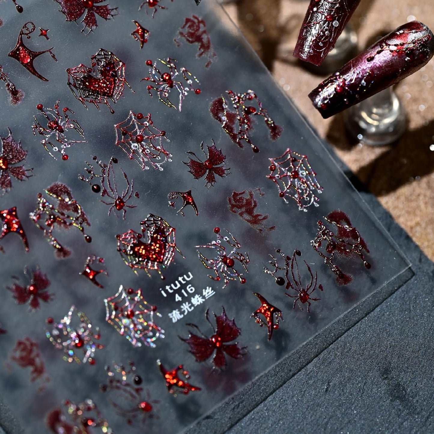 1 Sheets Halloween Nail Stickers for Nail Art 5D Self-Adhesive Embossed Spider Web Nail Art Stickers with Glitter Red Spider Butterfly Heart Bat Nail Decals Halloween Nail Design Sticker for Women