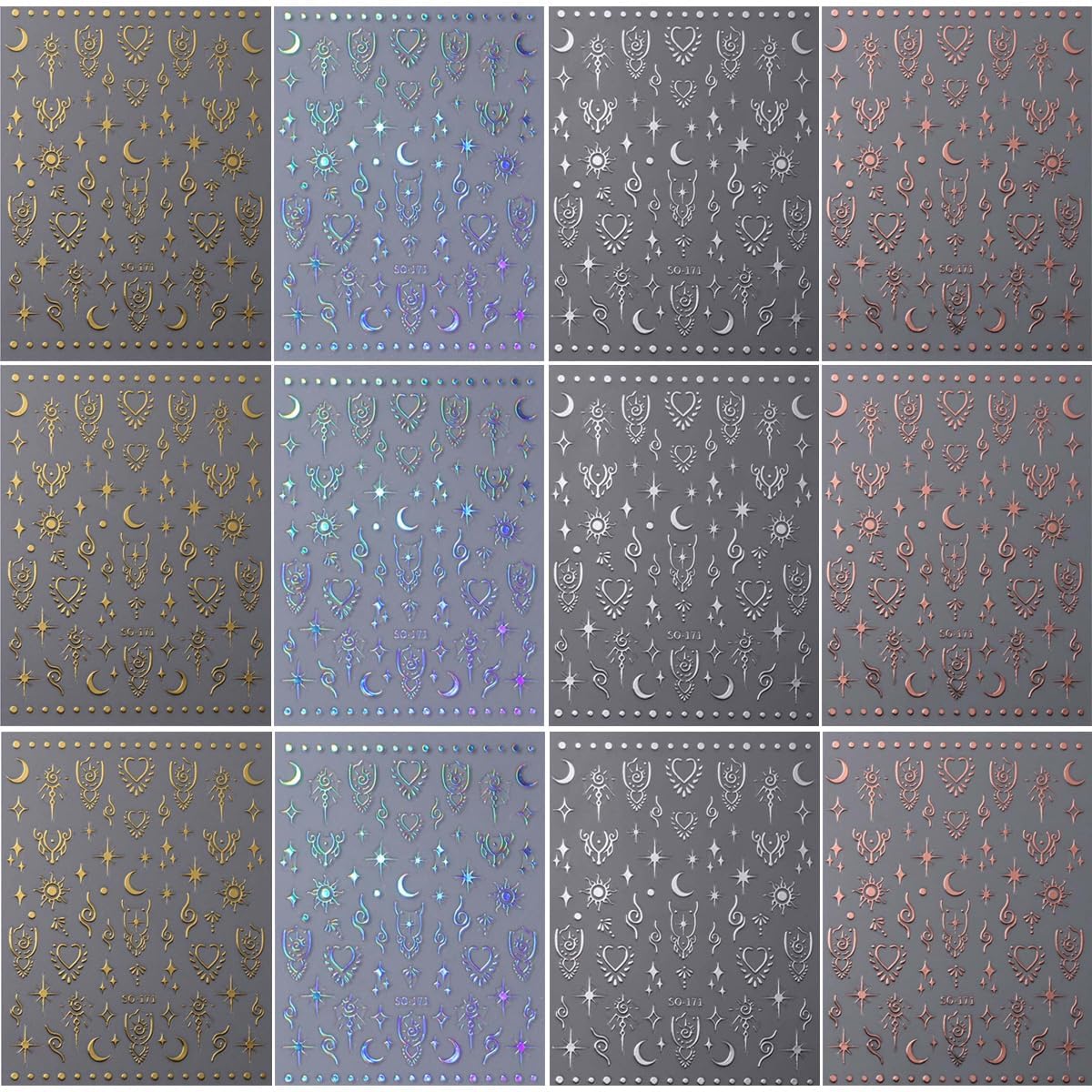 12 Sheets Metallic Nail Stickers Sun Star Nail Art Stickers 3D Self-Adhesive Shiny Laser Gold Silver Moon Rose Nail Decals Holographic Laser Glitter Nail Sticker for Women Nails Manicure Decorations