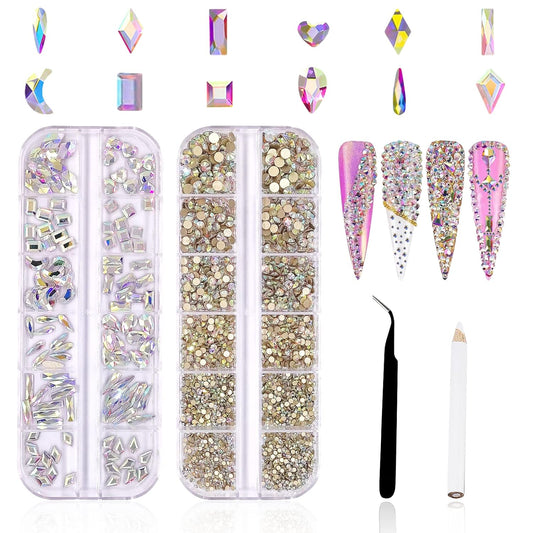 13 oz 3120pcs Crystal AB Nail Gems & Beads - HOINCO Rhinestones for DIY Nail Art with Tweezers & Pen