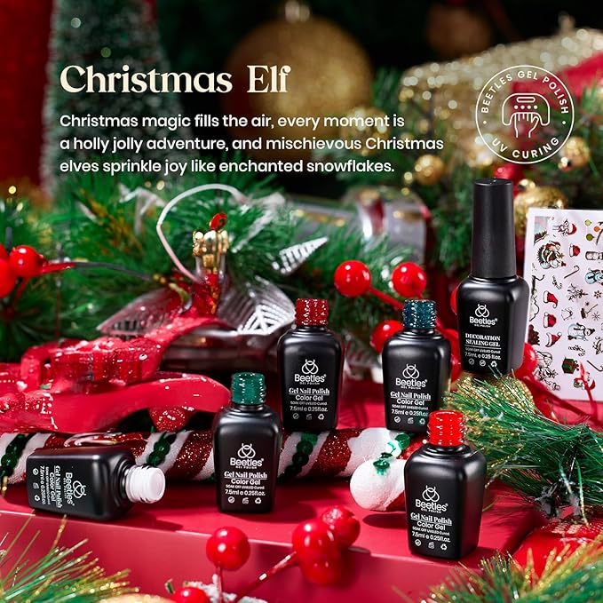 Beetles Green Gel Nail Polish Set, Sparkle Red Green Gel Polish Kit Soak Off UV LED Gel Nail Kit Manicure Gift with Nail Strengthener Gel