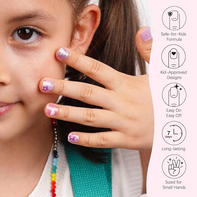 DANNI & TONI Kids Gel Nail Strips Clouds Stars Purple Glitters Salon-Quality Peel & Stick Manicure for Children (Age 6+)– Safe, Long-Lasting, Easy to Apply |Purple Dream