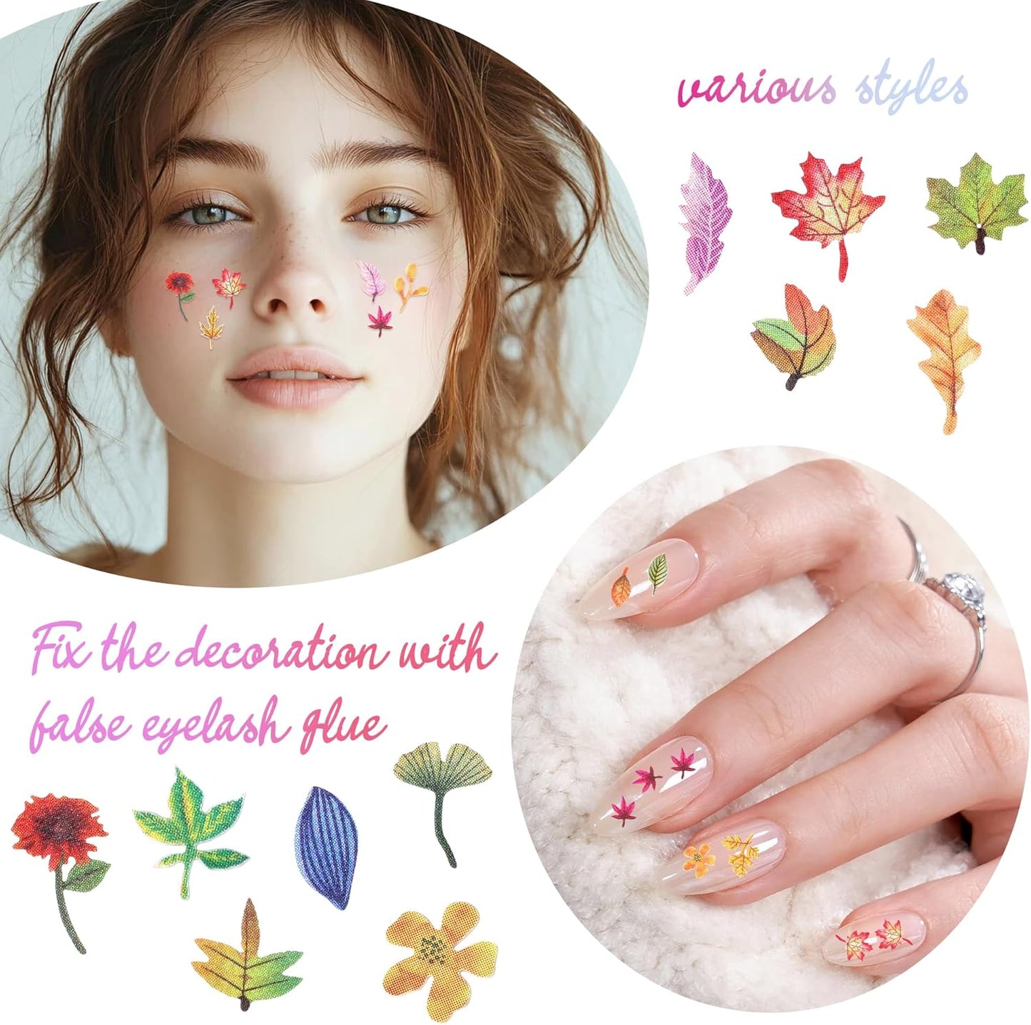 300Pcs 3D Flower Nail Art Charms Sequins Decals Colorful Mixed Maple Leaves Design Slice Nail Flowers Ultra Wood Pulp Flakes Sequins 5