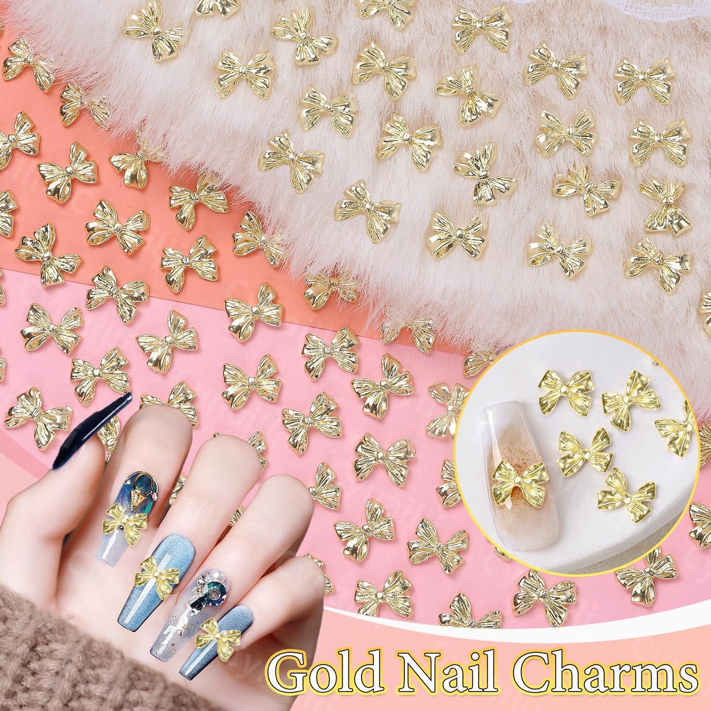 80 Pcs Metal Gold Nail Charm Bows, 3D Shiny Bow Nail Gems Charms, Cute Alloy Bowknot Y2K Nail Jewelry Charms for Nail Art Decor DIY Accessories Crafts