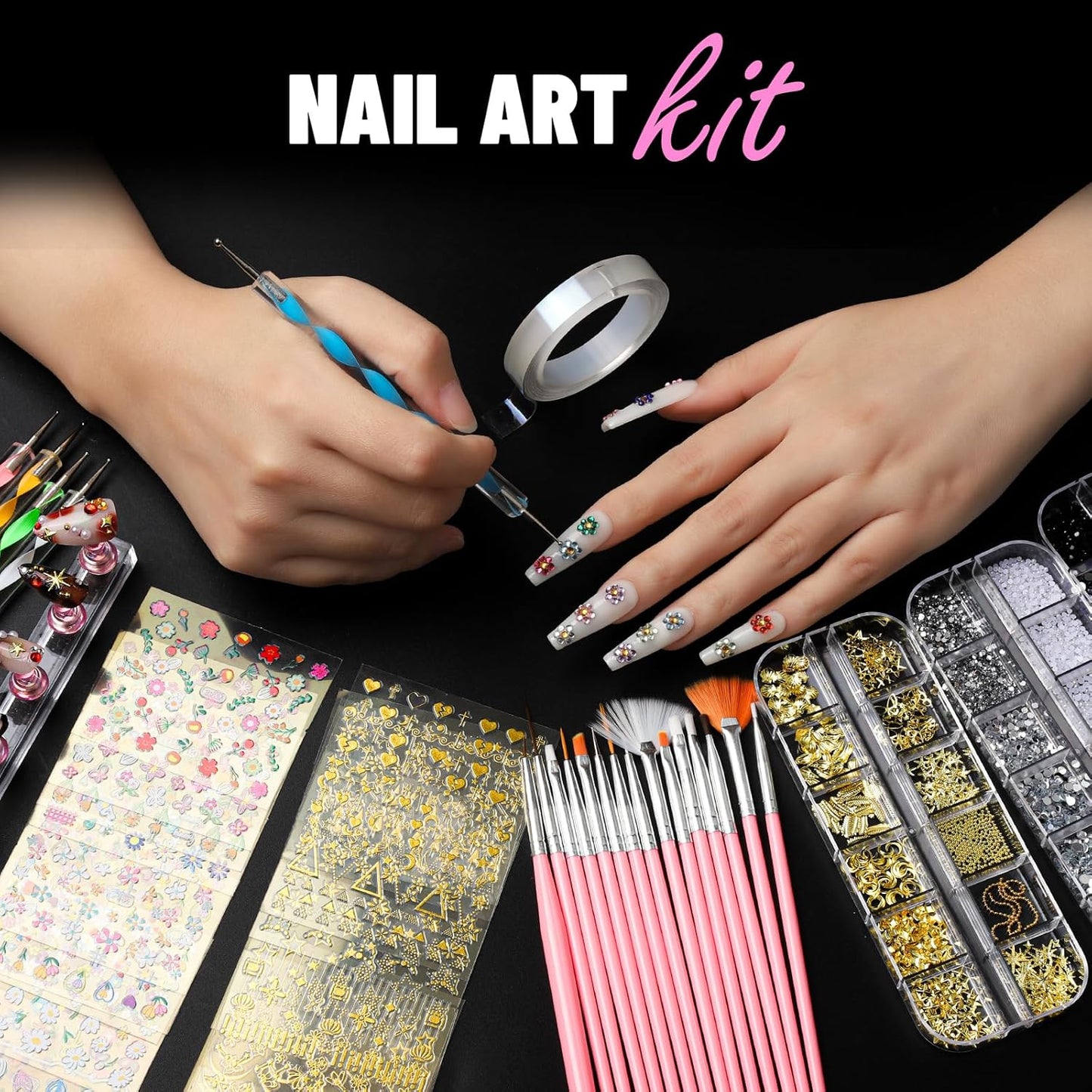 FANDAMEI Nail Art Brushes, Nail Art Kit with Nail Art Brush, Dotting Tools, Nail Rhinestones Pearls, Nail Charms and Gems, Nail Stickers for Women Decals, Nail Stand for Press on, Nail Design Kits