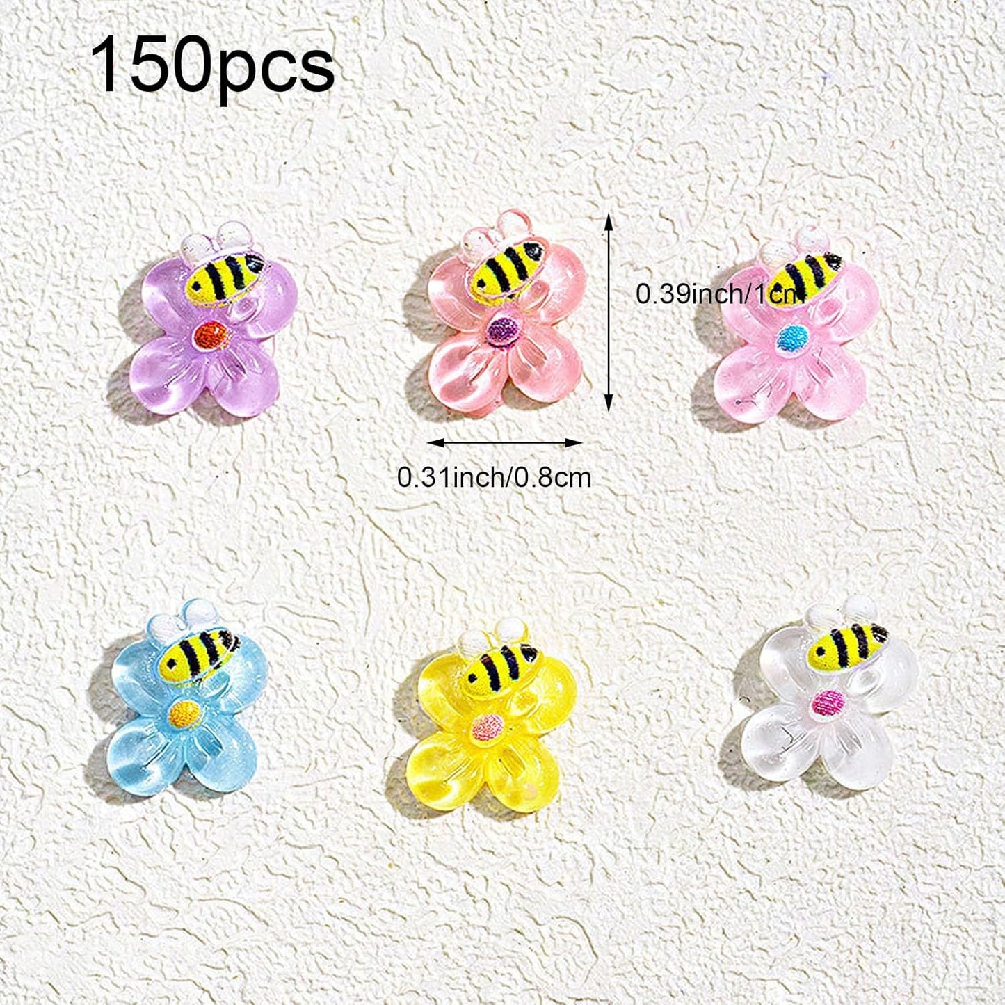 150PCS Bee Flower Nail Charms, 3D Resin Mixed Colors Cute Bees Jewelry Spring Nail Art for Women Girls Manicure DIY Nail Decoration