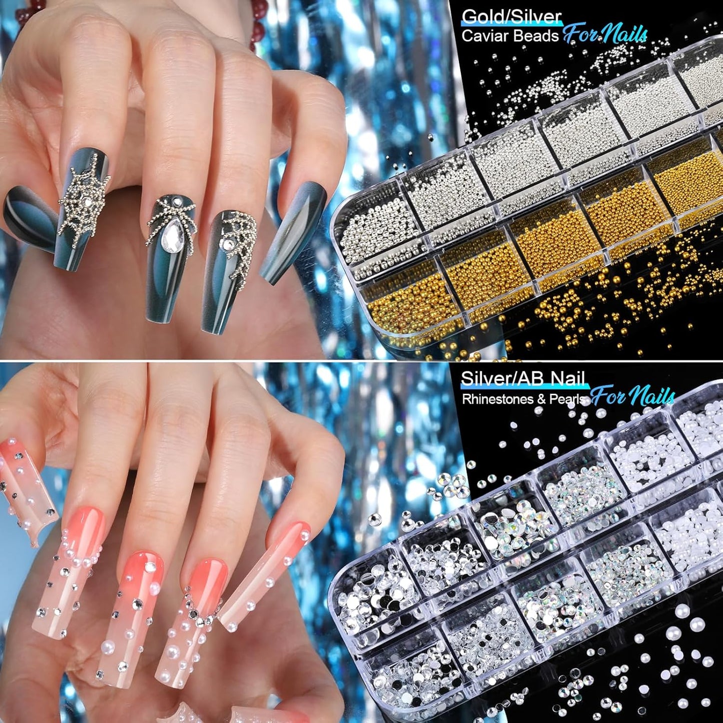 Teenitor Nail Charms Nail Stickers for Nail Art Kit, 8 Boxes Nail Rhinestones Nail Gems Pearls for Nails with 20 Sheets Nail Art Stickers, 3D Gold Nail Charms and Gems Nail Supplies Nail Art Tools