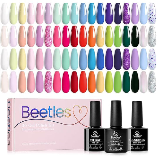 beetles Gel Polish Nail Set, 36 Colors Floral Rhapsody Collection Fall Orange Yellow Girly Sparkle Glitter Polish with 3Pcs Base Matte & Glossy Top Soak off Uv Lamp All Seasons Gifts for Her