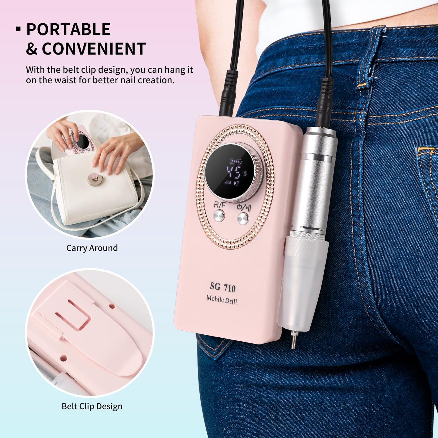Electric Nail File for Acrylic Nail Kit, 45000RPM Electric Nail Drill Professional Manicure Pedicure Set with Nail Drill Kit Bits, Efile Cordless for Manicure