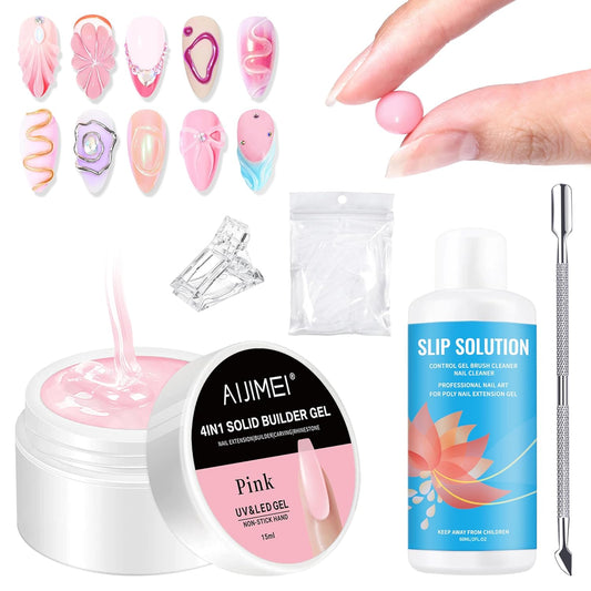 AIJIMEI Solid Builder Gel Kit With Manicure Tools for Nails 15ML 4IN1 NailExtensionGel UV & LEDGel forNails Long-Lasting NailExtension Gelfor NailsManicure DIY at Home (SOLID-GEL-A4)