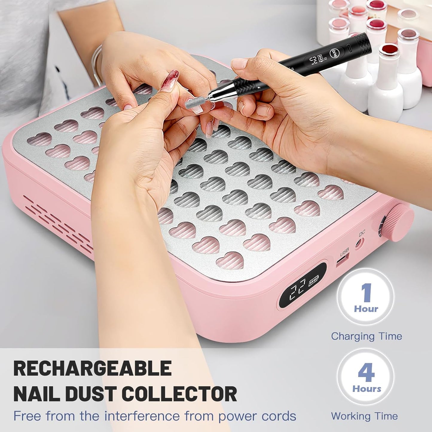 Rechargeable Cordless Nail Dust Collector: Powerful Quiet Nail Fan Vacuum Dust Collector with 2 Filters 1 Brush, Nail Vent Dust Extractor Cleaner for Acrylic Gel Nail Polishing Nail Tech Use, Pink