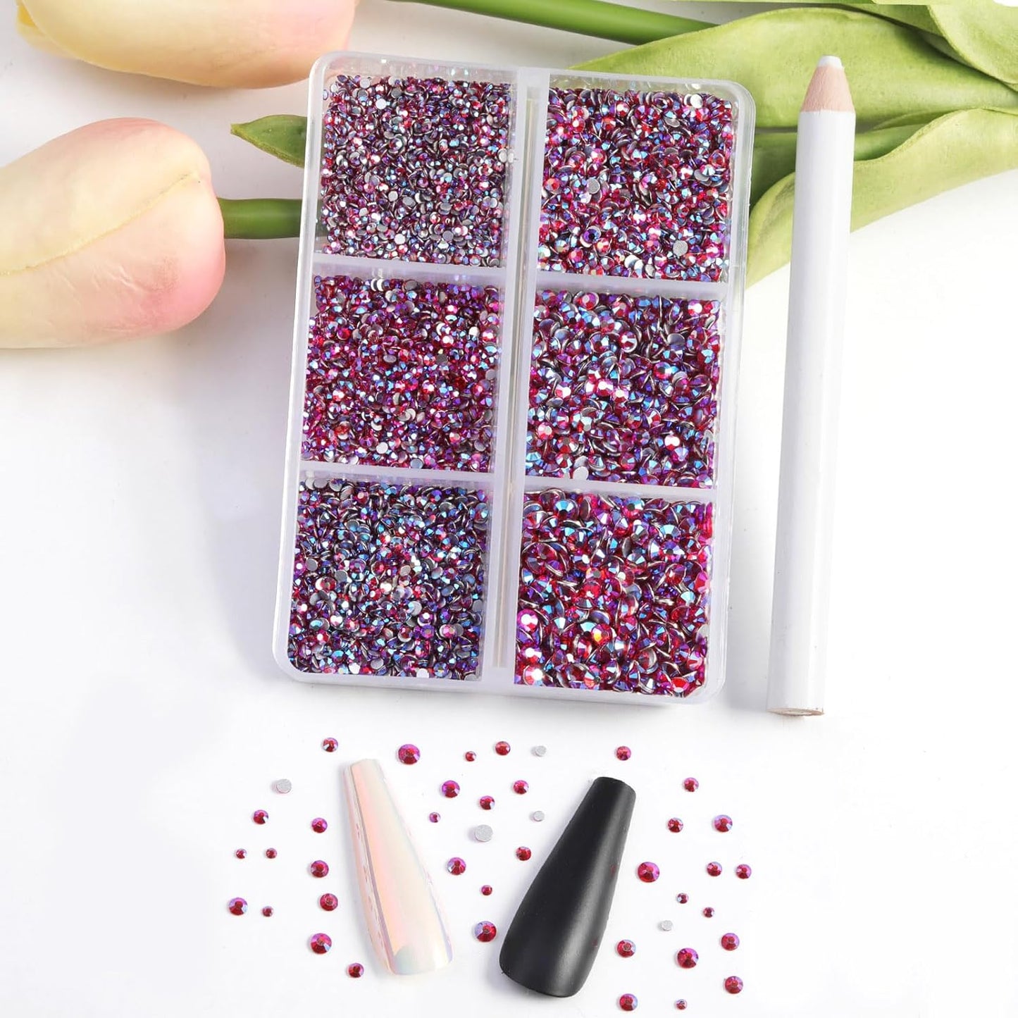 Beadsland 7200pcs Flatback Rhinestones, Light Red AB Rhinestone Nail Gems Round Crystal Rhinestones for Crafts,Mixed 6 Sizes with Wax Pencil Kit, SS3-SS10, Light Siam AB