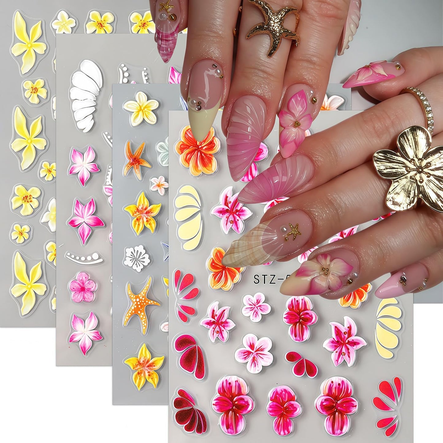 Summer Nail Stickers 5D Embossed Cute Flower Pattern Ocean Colorful Starfish Self-Adhesive Design Nail Art Stickers Beach Nail Decals for Women Festival Vacation Manicure Kit DIY Decoration