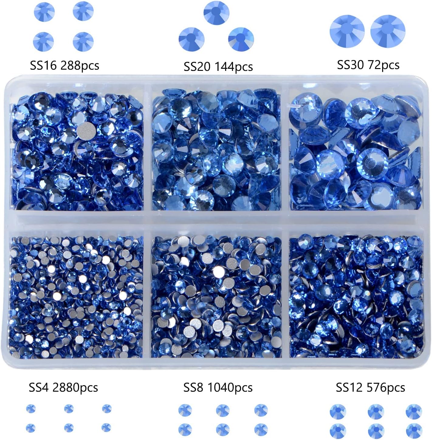 Bymitel 5000 Pieces 6 Mixed Sizes Glue Fix on Glass Rhinestones Round Crystal Gems Flatback for DIY Jewelry Making with one Picking Pen(6-Sizes 5000PCS, Lt. Sapphire)