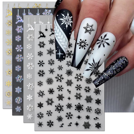 Rhinestone Studded Snowflake Nail Stickers, Christmas Self-Adhesive Crystal Diamond 3D Glitter Nail Art Design for DIY Manicure Winter Xmas DIY Nail Decals Decorations f (4 Sheets)