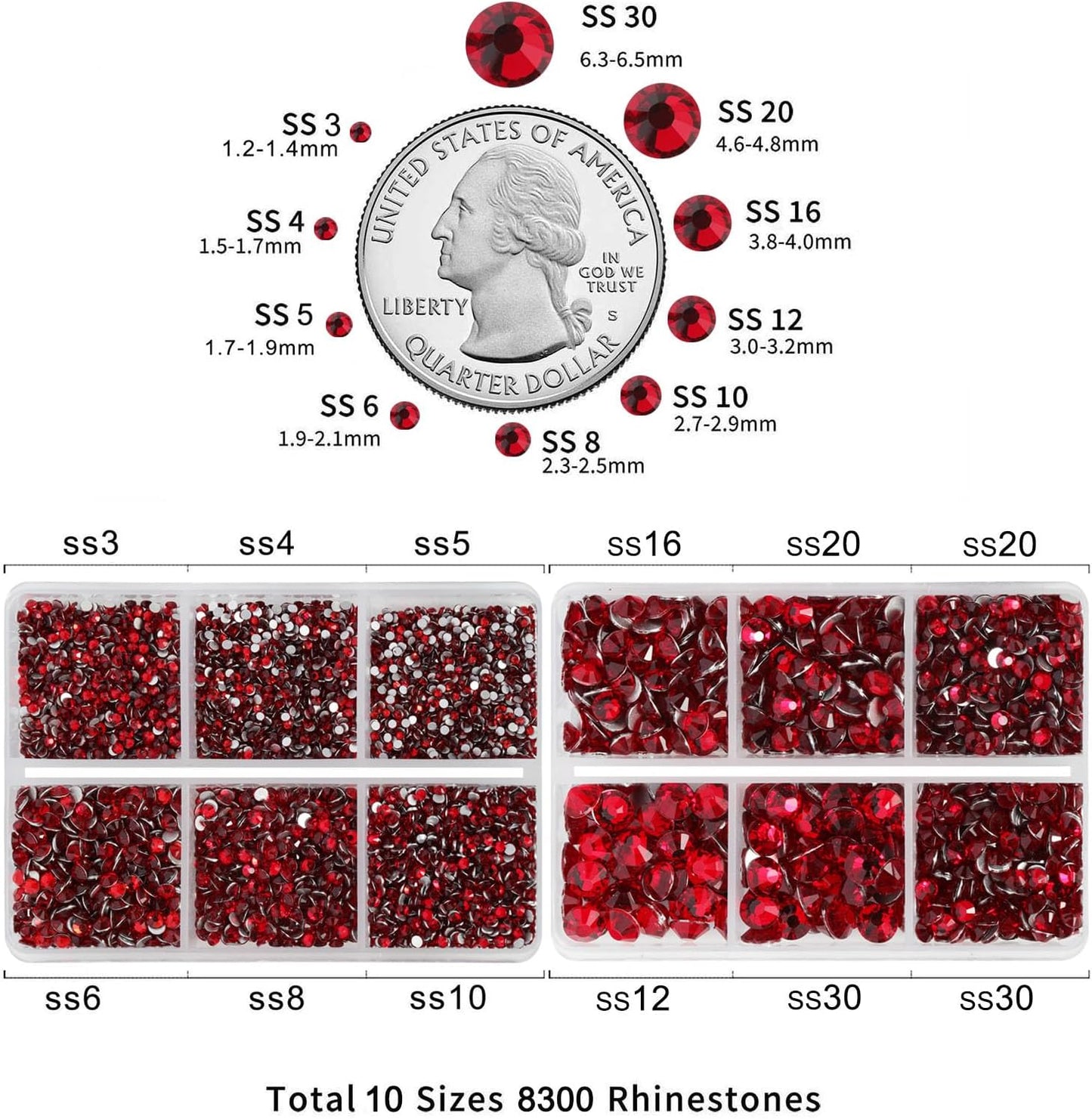 Beadsland 8300PCS Flatback Rhinestones, Red Rhinestone Nail Gems Round Crystal Rhinestones for Crafts, Mixed 10 Sizes with Wax Pencil and Tweezer Kit, SS3-SS30, Siam