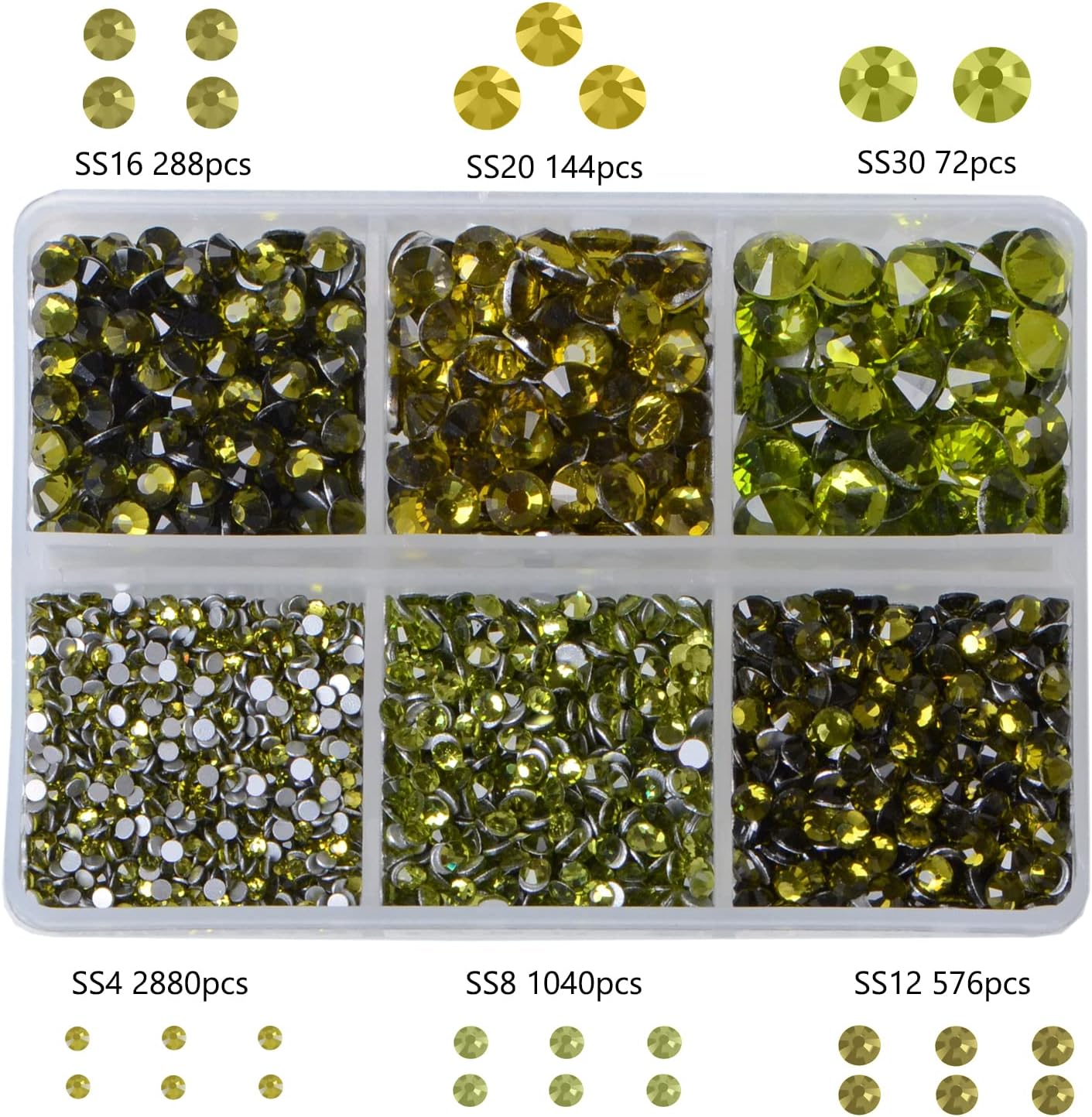Bymitel 5000 Pieces 6 Mixed Sizes Glue Fix on Glass Rhinestones Round Crystal Gems Flatback for DIY Jewelry Making with one Picking Pen(6-Sizes 5000PCS, Olivine)