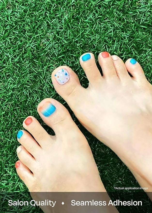 ohora Semi Cured Gel Pedi Strips (P Before Sunset) - Blue/Orange, Pattern, Works with UV/LED Lamps, Salon-Quality, Long Lasting, Easy to Apply & Remove - Includes 2 Prep Pads, Nail File & Wooden Stick
