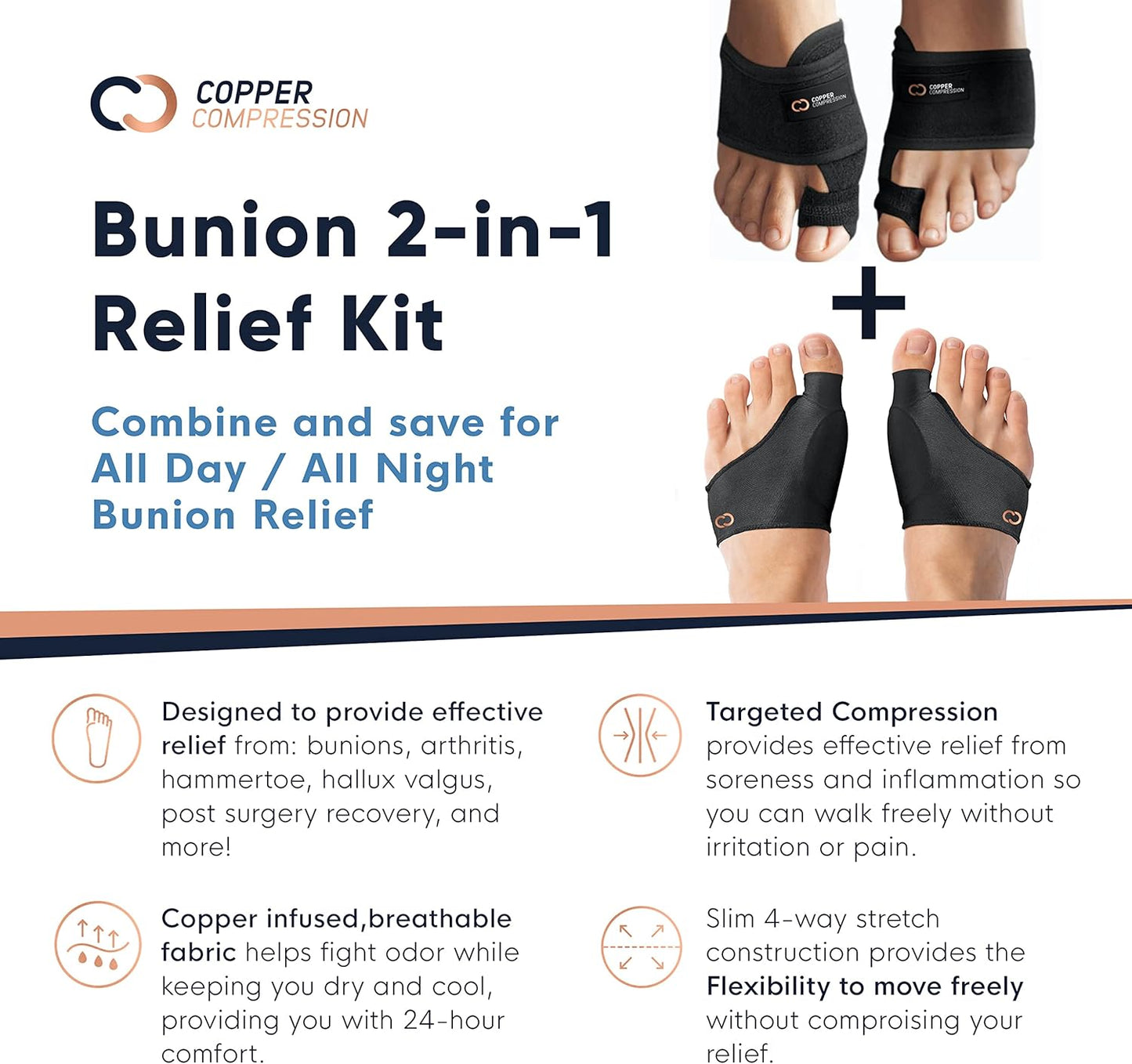 Copper Compression Bunion Relief Kit - Includes 1 Pair Each of Bunion Corrector Cushion Sleeves & Bunion Corrector Toe Splints - Pads & Straightens Bunions, Feet for Men & Women - Large/X-Large