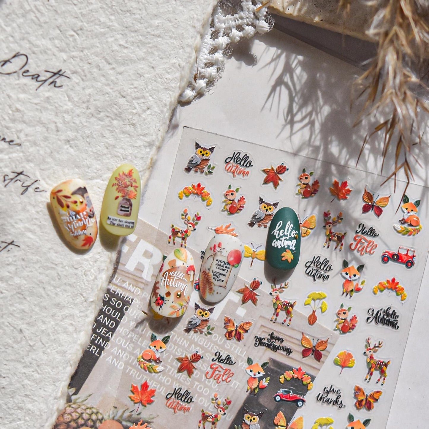 Fall 5D Embossed Nail Art Stickers Decals Thanksgiving Nail Decals Cute Squirrel Owl Butterfly Dragonfly Design Nails Art Supplies Self-Adhesive Autumn Leaves Nails Stickers for Women Manicure Decor