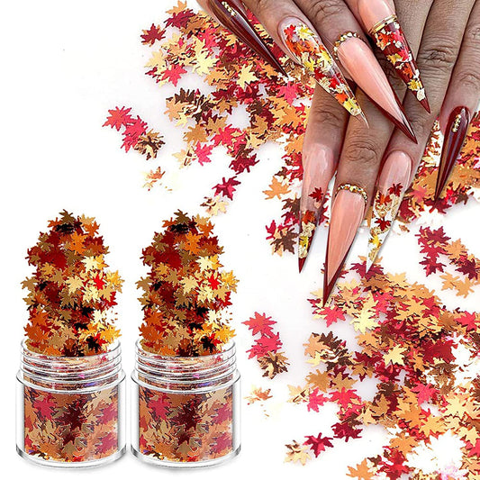Nail Art Maple Leaf Flake 20gram Glitter Fall Leaves Metallic 3D Maple Leaf Shaped Red Yellow Orange Mixed Design Confetti -Maple Spangles for Women Girls Manicure Kit Decorations (2 Pot)