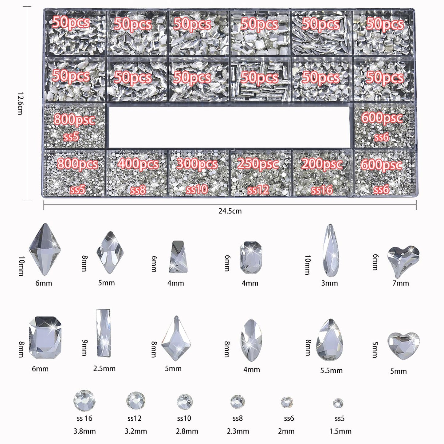HNUIX Nail Rhinestones - 4550pcs Crystal Transparent, Multiple Shape Gems, Flatback Rhinestones, with Kit and Glue Gel, for Nail Art