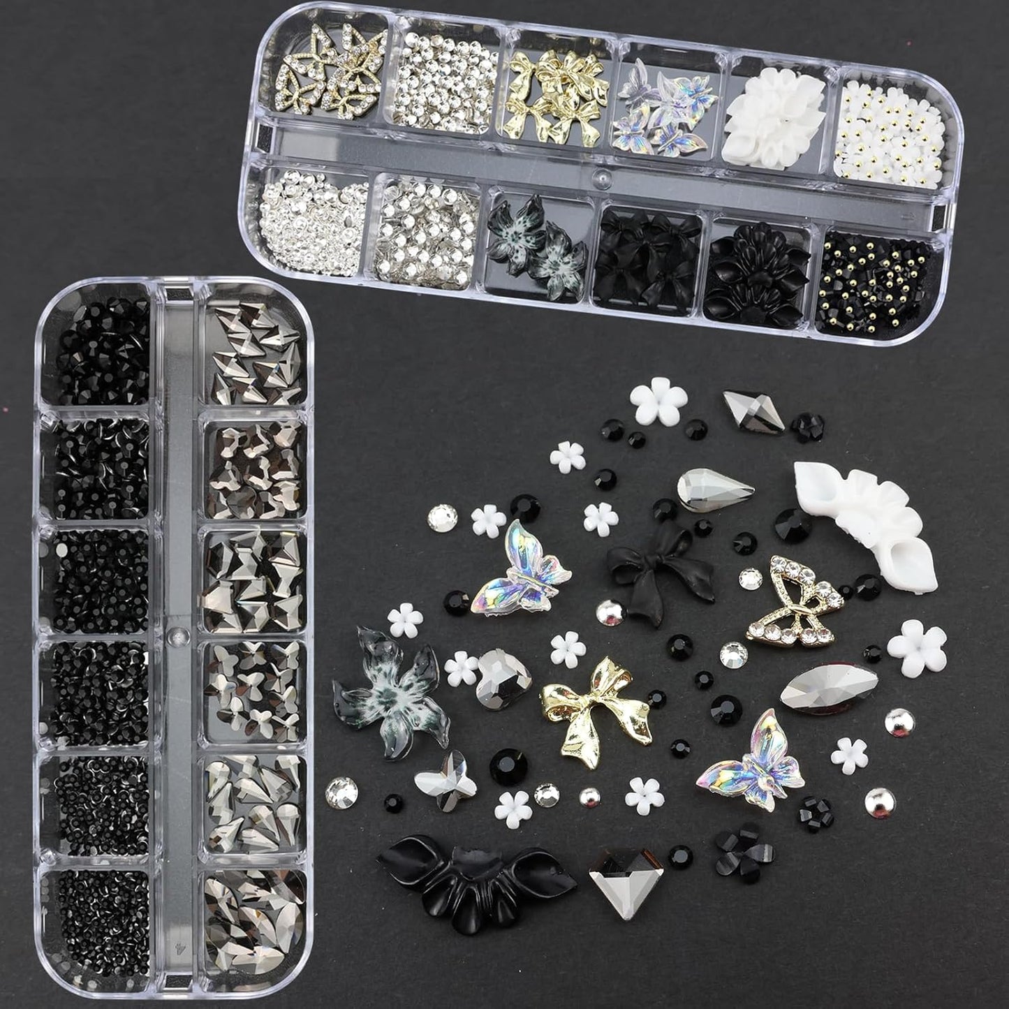 4 Boxes Dark Nail Gems Bow Flower Nail Charms for Acrylics - Irregular Crystals, Nails Rhinestone & Accessories for Women Nails Art Design Nails Decor(Dark)