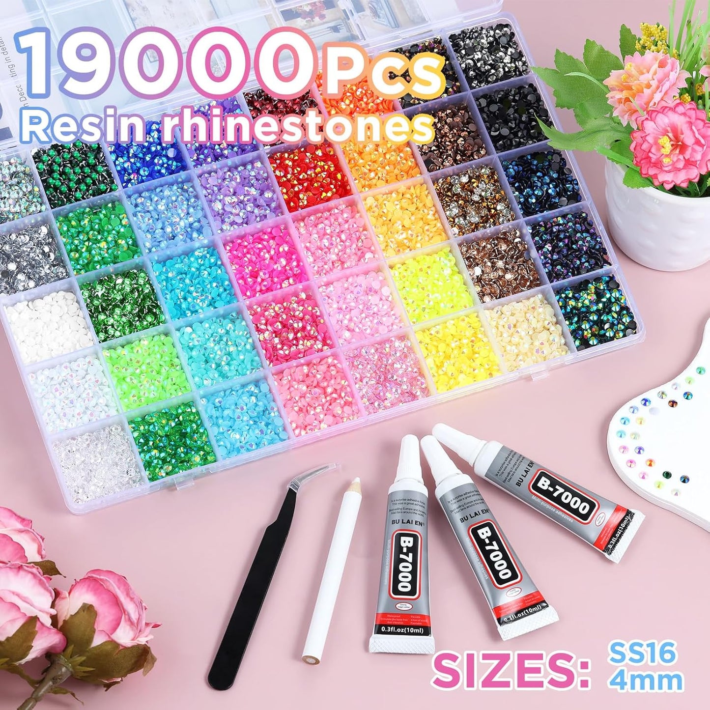 Zefy 40 Colors Resin Jelly Rhinestones for Bedazzling, 4mm 19000 Pcs Flatback Gems for Crafting, Bedazzling Kit with 3Pcs B7000 Glue for Clothing Shoes Nail Book Diamond Art