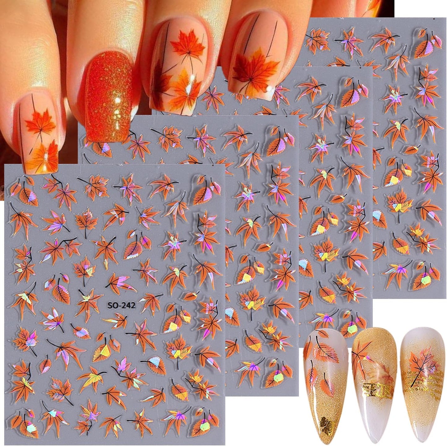 Laser Maple Leaf Nail Art Stickers Decals Holographic Glitter Self-Adhesive Fall Nail Decals Design Thanksgiving Maple Leaf Nail Stickers for Nail Art DIY Manicure Autumn Nails Decoration 4 Sheets