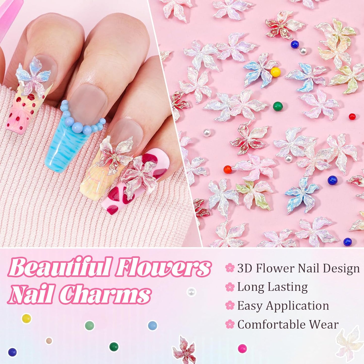 300Pcs Flower Nail Charms Kit, 100Pcs 3D Embossed Luminous Hibiscus Flowers Charms and 100Pcs Nail Pearls with 100Pcs Macaron Beads, Colorful Hawaii Floral Mini Gems Round Beads for Nails DIY
