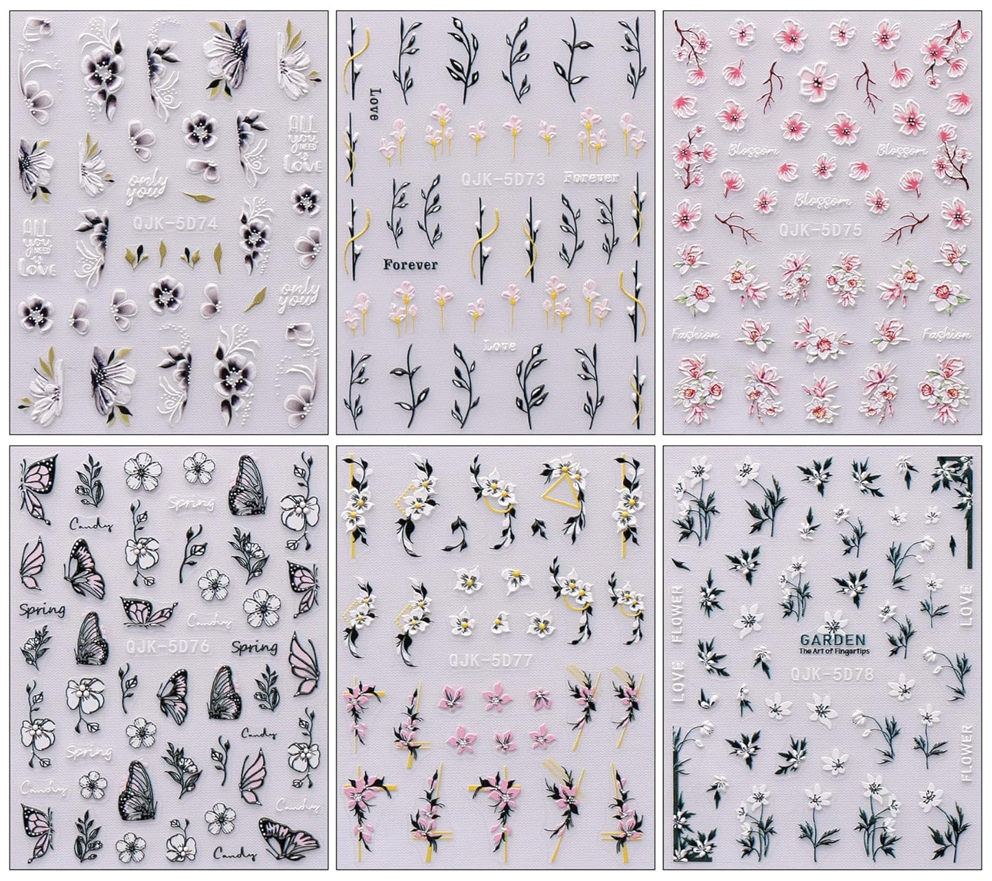 JMEOWIO 6 Sheets 3D Embossed Spring Flower Nail Art Stickers Decals Self-Adhesive Pegatinas Uñas 5D Colorful Summer Leaf Floral Nail Supplies Nail Art Design Decoration Accessories