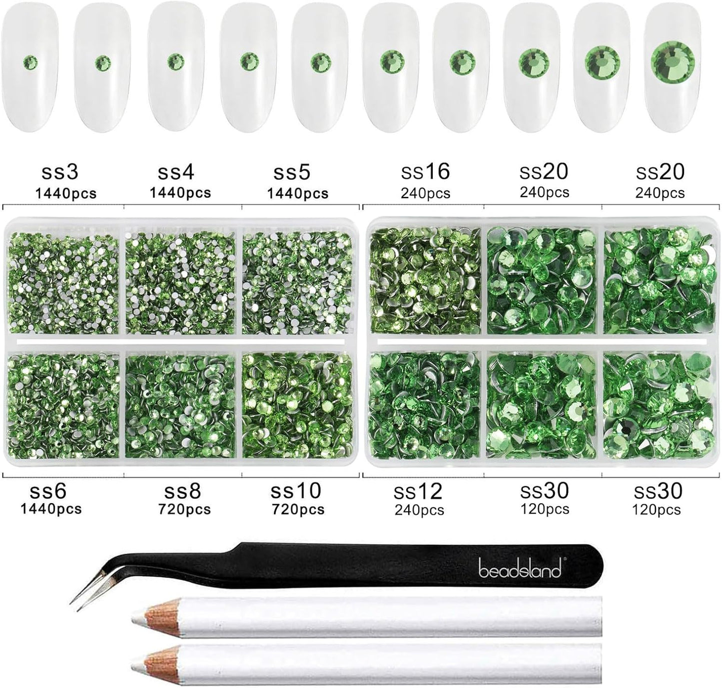 Beadsland 8300PCS Flatback Rhinestones, Light Green Rhinestone Nail Gems Round Crystal Rhinestones for Crafts, Mixed 10 Sizes with Wax Pencil and Tweezer Kit, SS3-SS30, Peridot