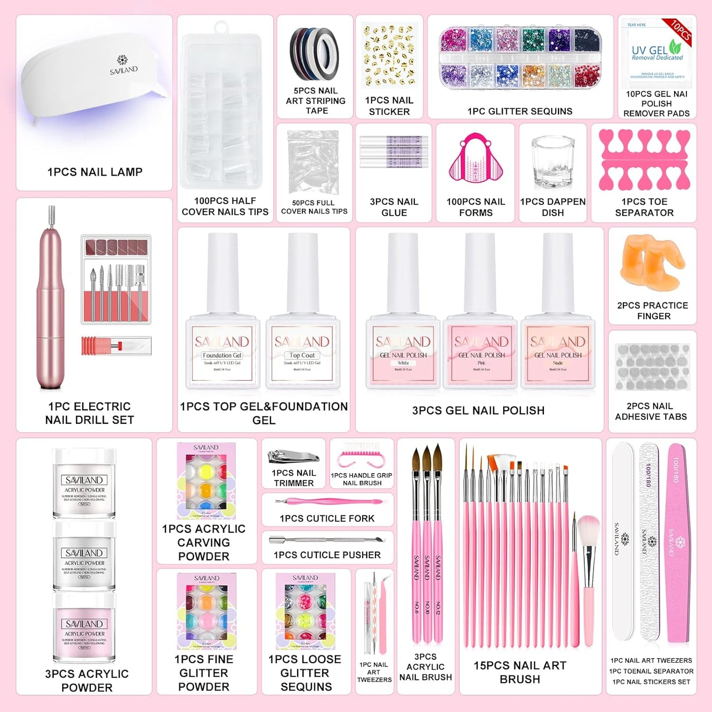 SAVILAND Acrylic Nail Kit – Nails Kit Acrylic Set with Nail Drill Brushes Gel Polish Clear Nails Tips Nail Art Tools Nail Stuff for Starters DIY Christmas Gift