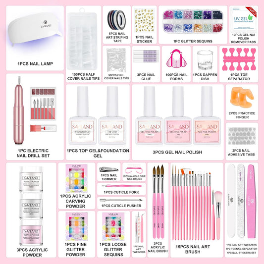 SAVILAND Acrylic Nail Kit – Nails Kit Acrylic Set with Nail Drill Brushes Gel Polish Clear Nails Tips Nail Art Tools Nail Stuff for Starters DIY Christmas Gift