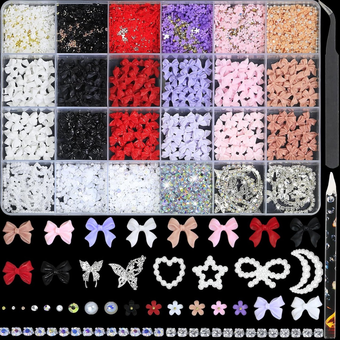 HNUIX Bow Nail Charms - 3D Multiple Colors, Butterfly, Flower, Pearls, Flat Back Rhinestones, with Kit, for Nail Art
