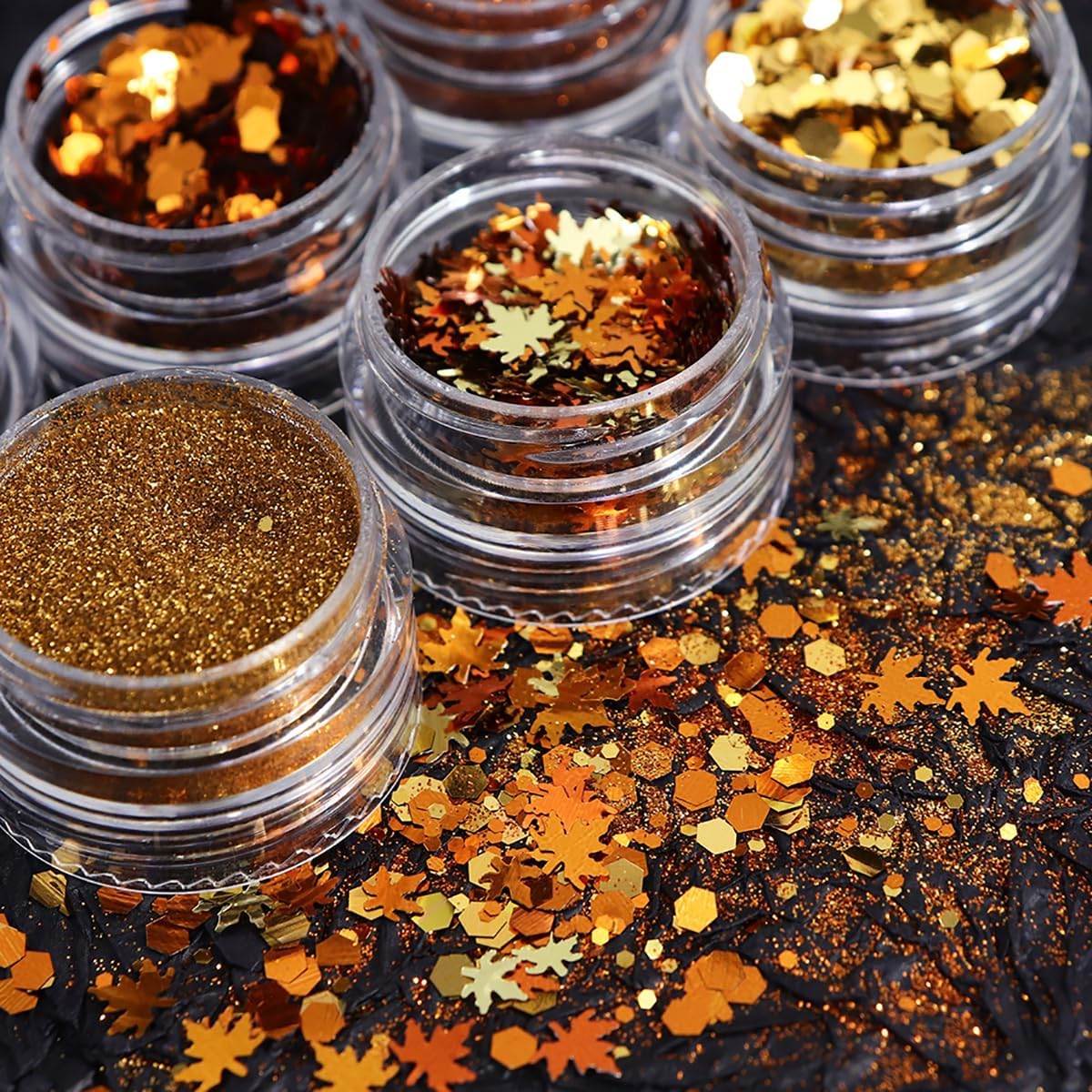 Golden Fall Nail Art Glitters Maple Leaf Nail Sequins Autumn Leaves Nail Decoration Accessories 3D Maple Leaves Nail Decals Professional Fall Nail Designs for Women Manicure DIY 6 Jars