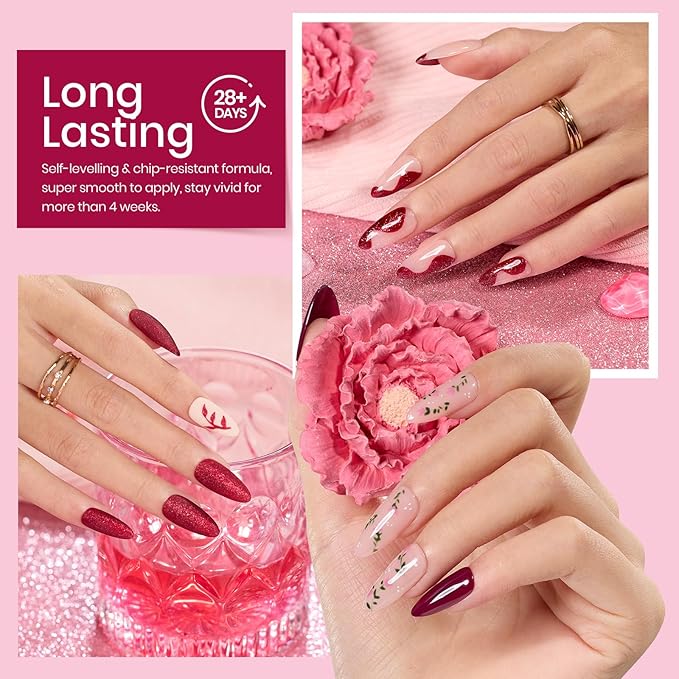 beetles Burgundy Gel Polish Set - Berry Merlot 6 Colors Plum Gel Polish, Cherry Mocha Red Glitter Fall Winter Dark Purple Wine Nails Color, U V LED Soak Off Home DIY Manicure Nail Salon