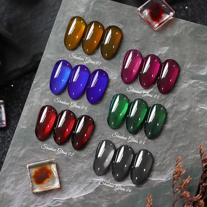 BORN PRETTY Jelly Gel Nail Polish Set,Christmas Brown Red Green Black Blue Purple Sheer Transparent Crystal Gel Nail Polish Kit Fall Winter Soak off Nail Polish for Manicure DIY Home Salon 7ML 6Colors