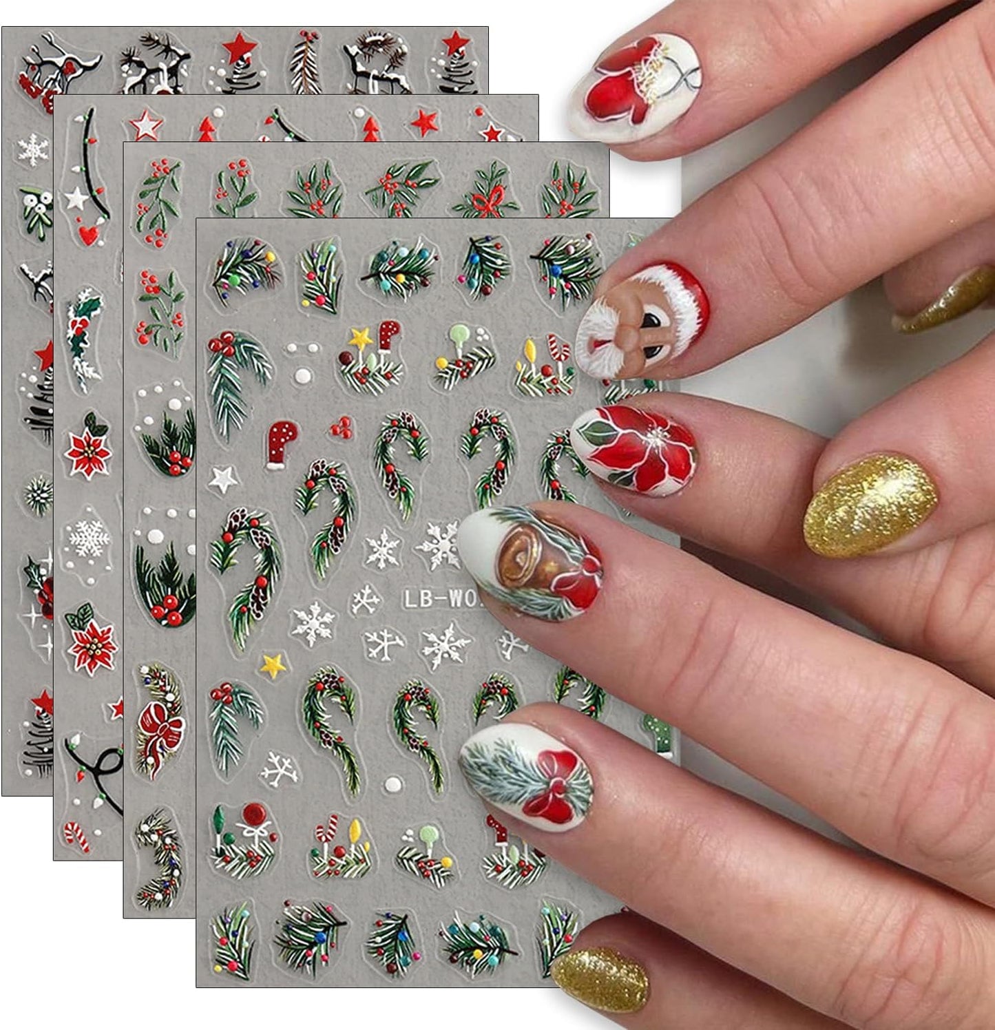 4Pcs Christmas Nail Art Stickers 5D Embossed Nail Decals Winter Christmas Tree Elk Snowflake Nail Art Design Self Adhesive Nail Supplies for Women DIY New Year Xmas Holiday Nail Decoration Accessories