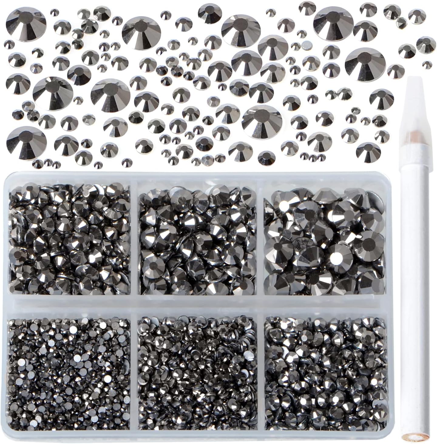 Bymitel 5000 Pieces 6 Mixed Sizes Glue Fix on Glass Rhinestones Round Crystal Gems Flatback for DIY Jewelry Making with one Picking Pen(6-Sizes 5000PCS, Jet Hematite)