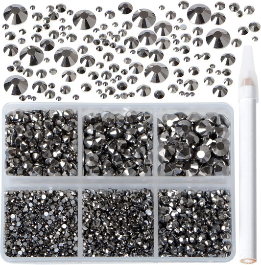 Bymitel 5000 Pieces 6 Mixed Sizes Glue Fix on Glass Rhinestones Round Crystal Gems Flatback for DIY Jewelry Making with one Picking Pen(6-Sizes 5000PCS, Jet Hematite)