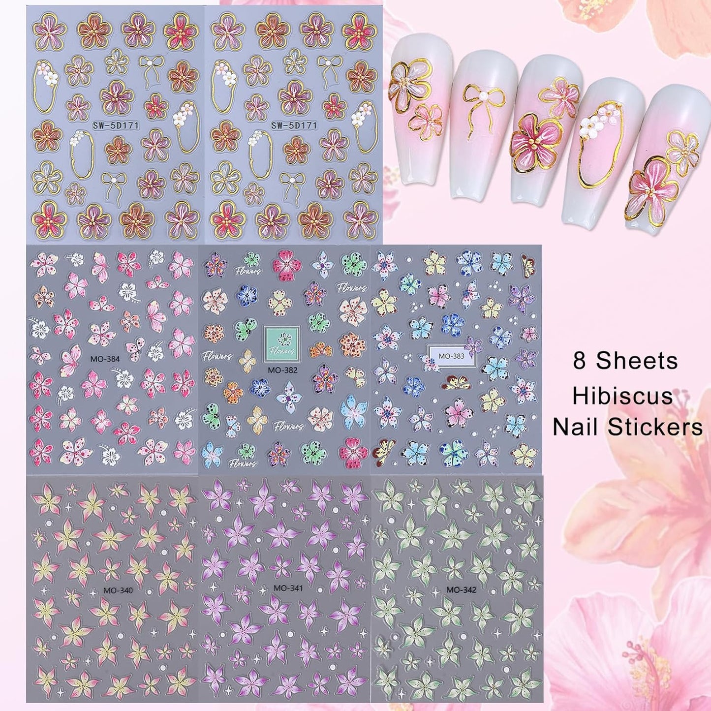 5D Flower Nail Stickers Decals 8PCS Hawaii Hibiscus Nails Art Designs Self Adhesive Embossed Tropical Floral Petals Charms Vacation Stickers Decoration for Women Nail Supplies