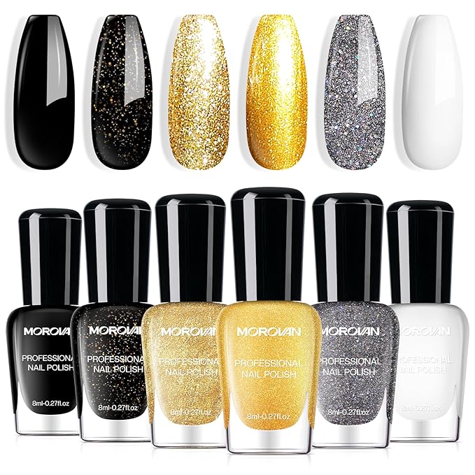 Morovan Nail Polish Set Fingernail: Black Gold White Glitter Nail Polish Kit Shimmer Sparkle Sliver Air Quick Dry Glossy Nail Pack for Nail Art Manicure 2025 Summer Holiday Gift Party for Women