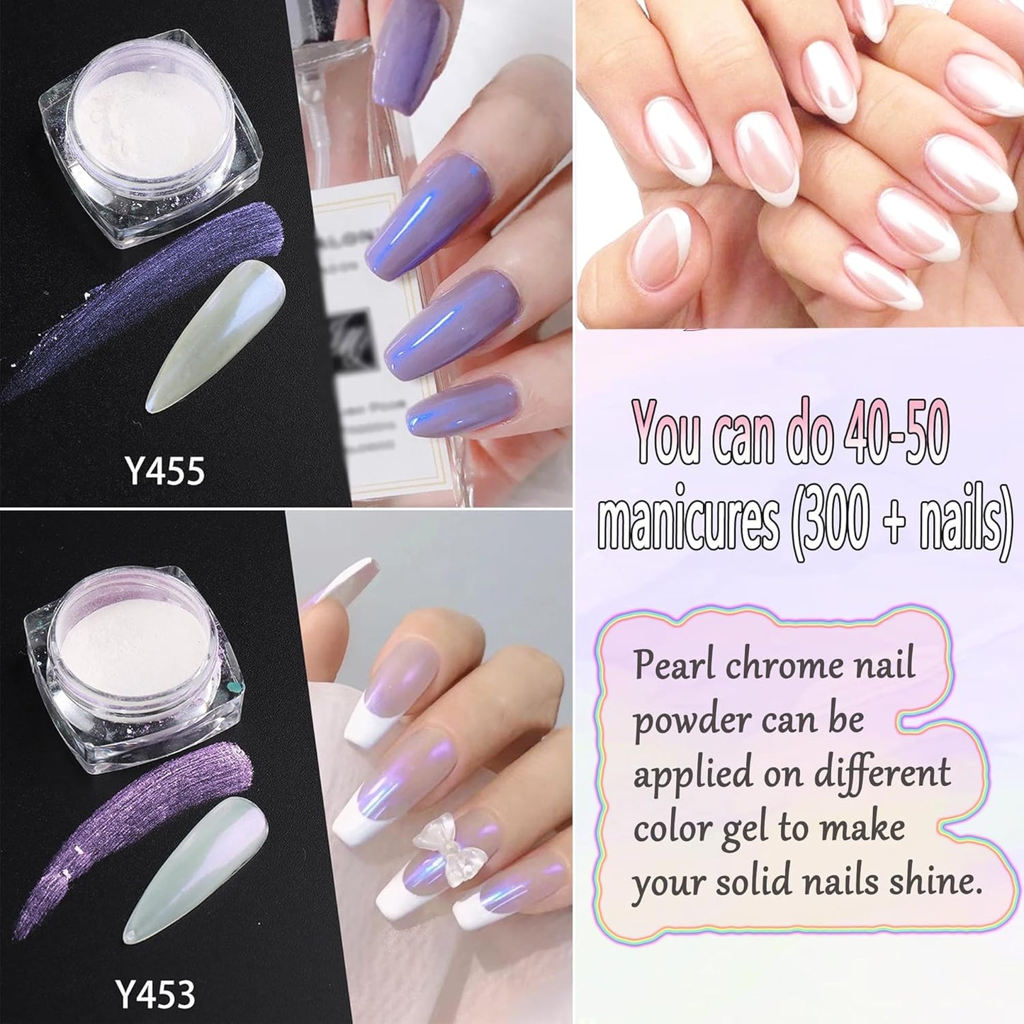 White Pearl Chrome Nails Powder 6 Colors Moonlight Chrome Nail Powders Kit Glitter Dust Pearlescent Mirror Effect Nail Art Pigment Mermaid Pearl White Pink Yellow DIY Manicure Pigments