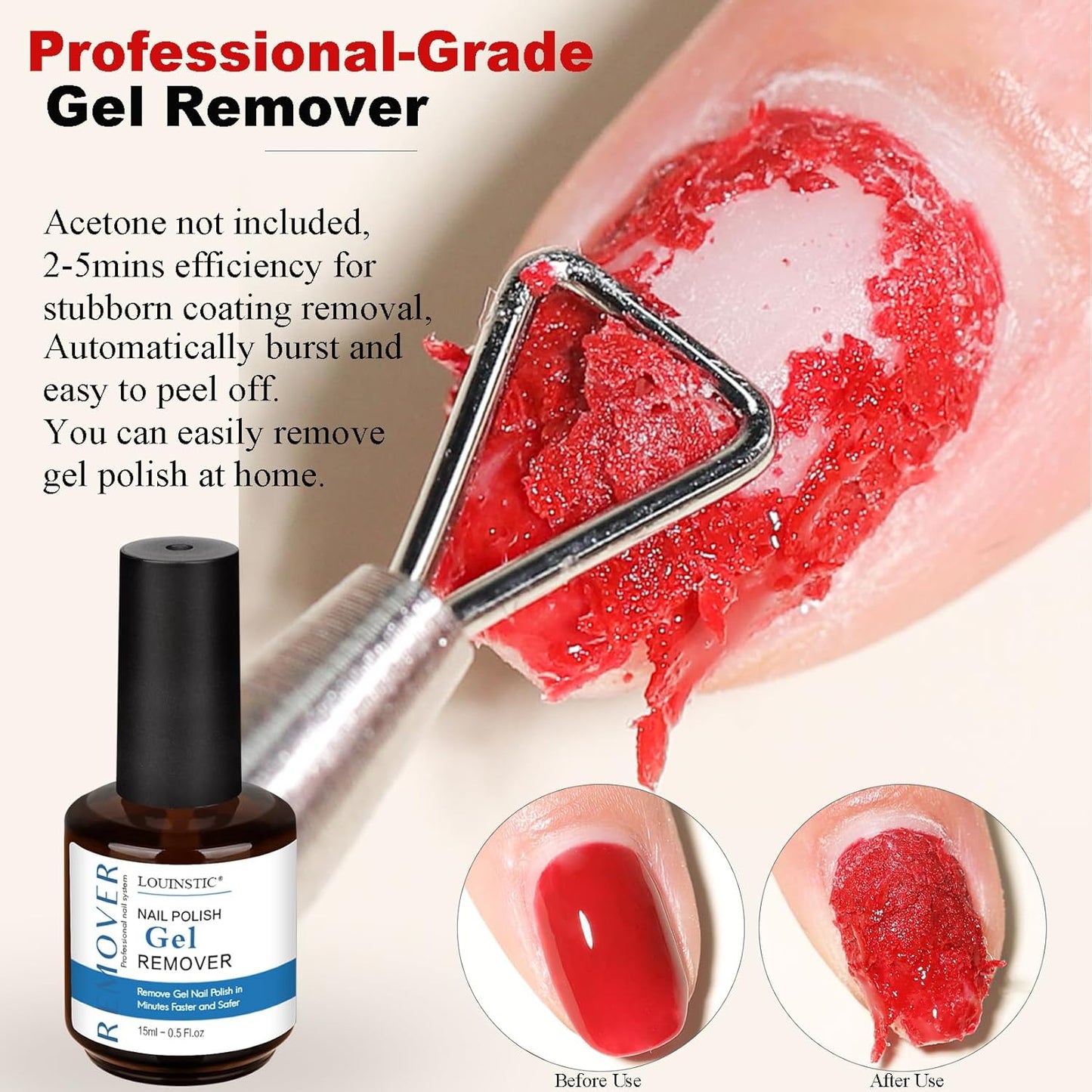LOUINSTIC Gel Remover for Nails - 2 Bottles (15ML Each) - Easy & Fast Nail Polish Removal Does Not Damage Nails Portable for Travel - Professional Grade Kit with Sanding Strips,Manicure Tools