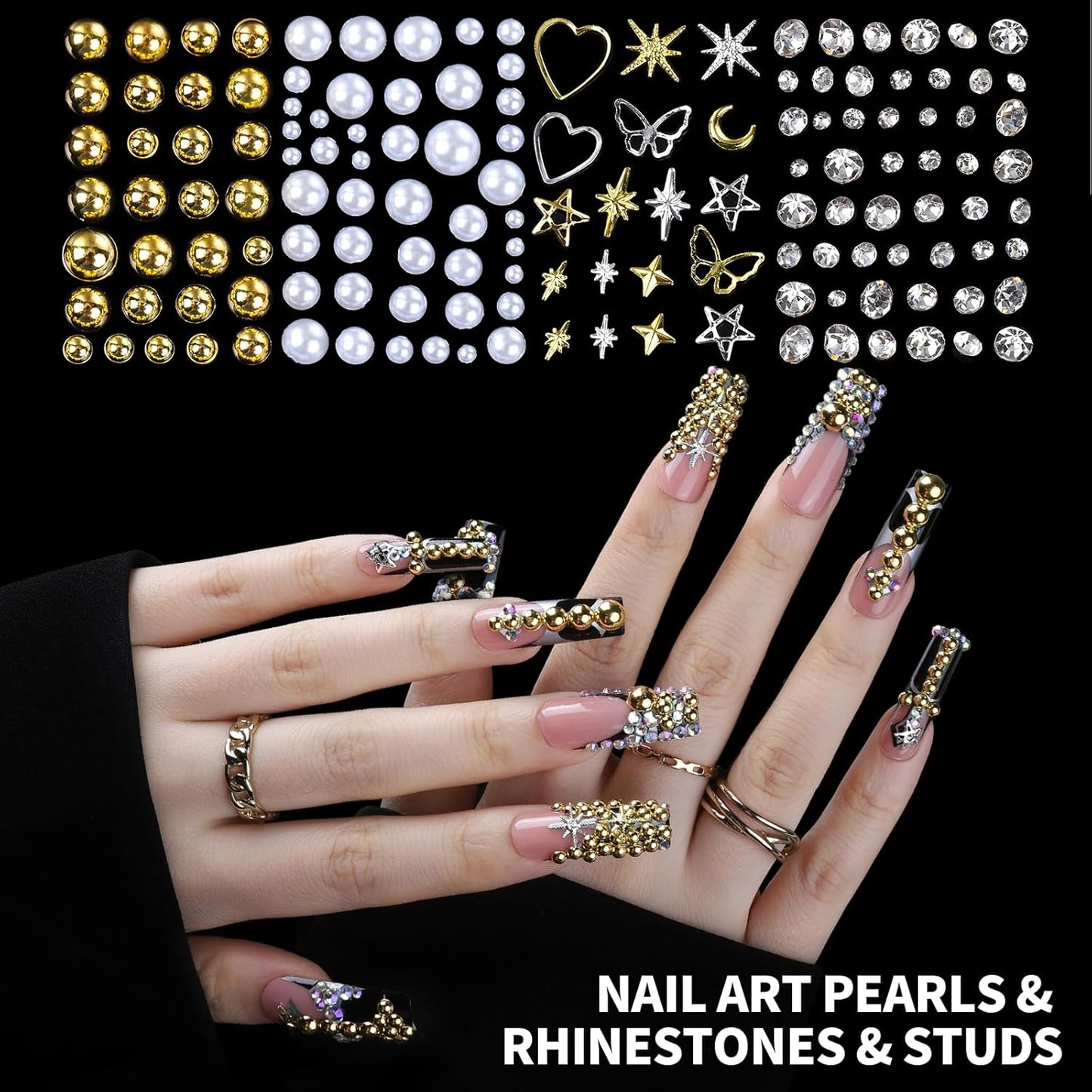 FAMDAMEI 24 Grid Nail Charms, Nail Art Kit with Multi Shapes Nail Charms and Gems, Flatback AB Nail Rhinestones Gold Nail Pearls, Colorful 3D Hawaii Flowers Nail Jewels for DIY Nail Design for Crafts