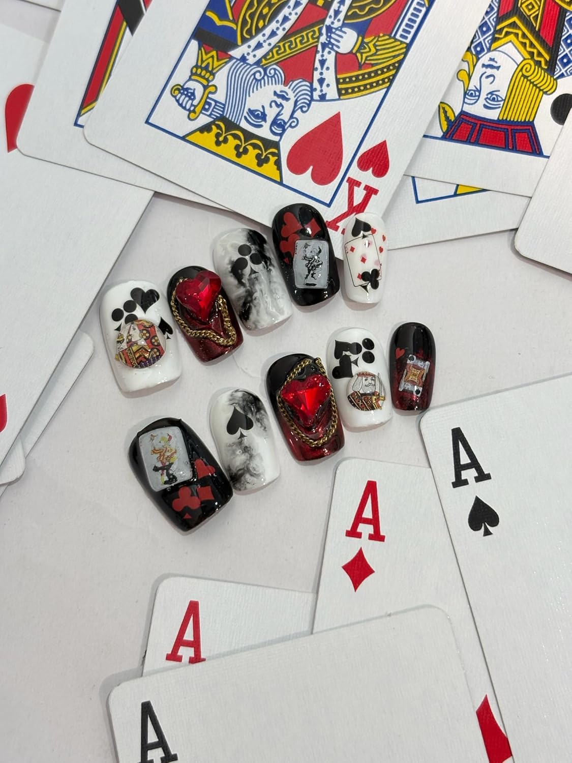 3D Self-Adhesive Nail Stickers - Poker Theme with Hearts & Diamonds, Trendy Fashion Nail Art Designs for Women A Set of 2 Sheets