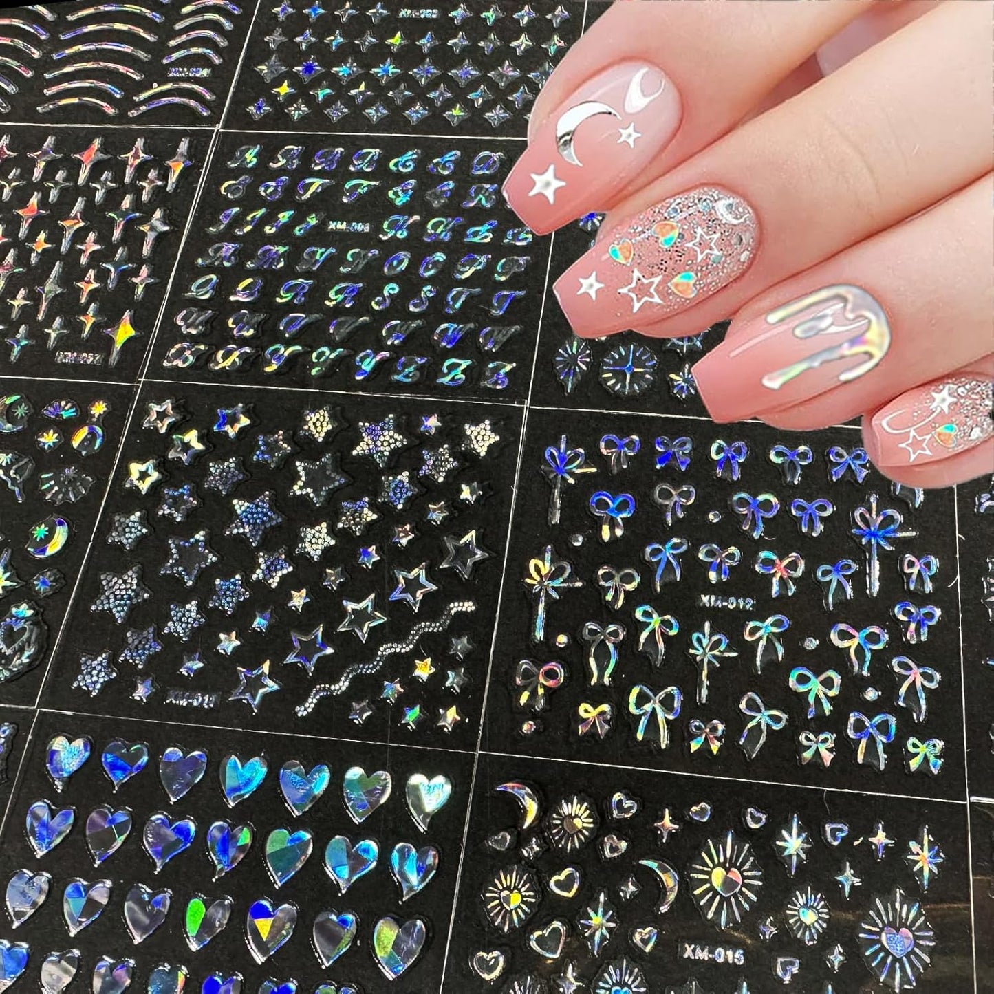 30 Sheets Star Nail Sticker Aurora Nail Art Stickers Moon Bow Heart Letter Design 3D Self-Adhesive Nail Decals for Women Girls DIY Nail Art Decoration