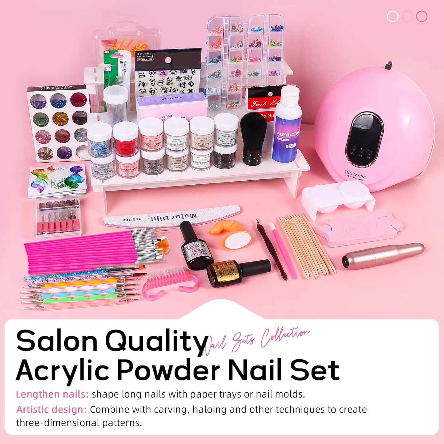 Major Dijit Acrylic Nail Kit with LED Lamp & Electric Drill - 12 Colors Acrylic Powder Monomer, Base/Top Coat, Tips/Glitter/Nail Charms | Nail Kit for Beginners with Everything
