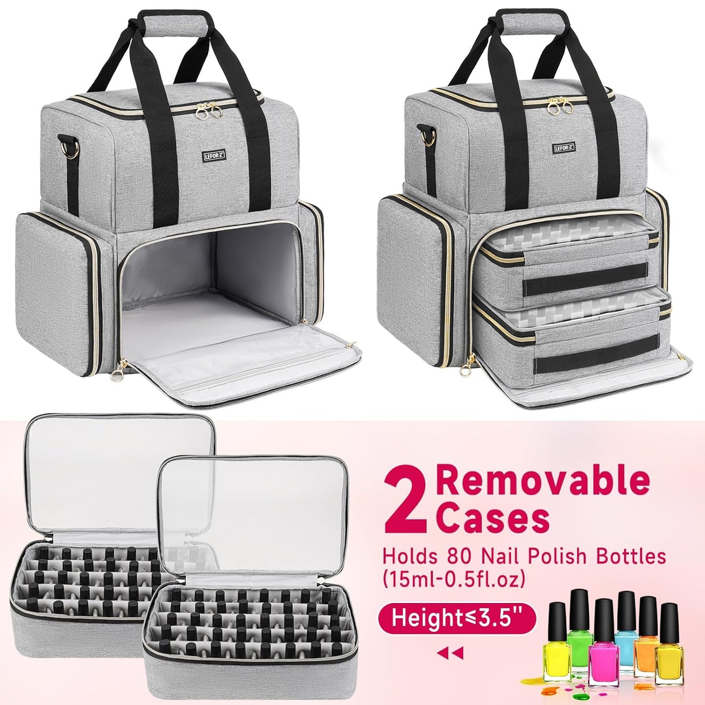 Nail Polish Organizer Holds 80 Bottles and a Lamp,Nail Polish Carrying Case with 2 Removable Bags,Nail Organizers and Storage for Nail Tech,Portable Nail Polish Holder for Nail Supplies,Grey